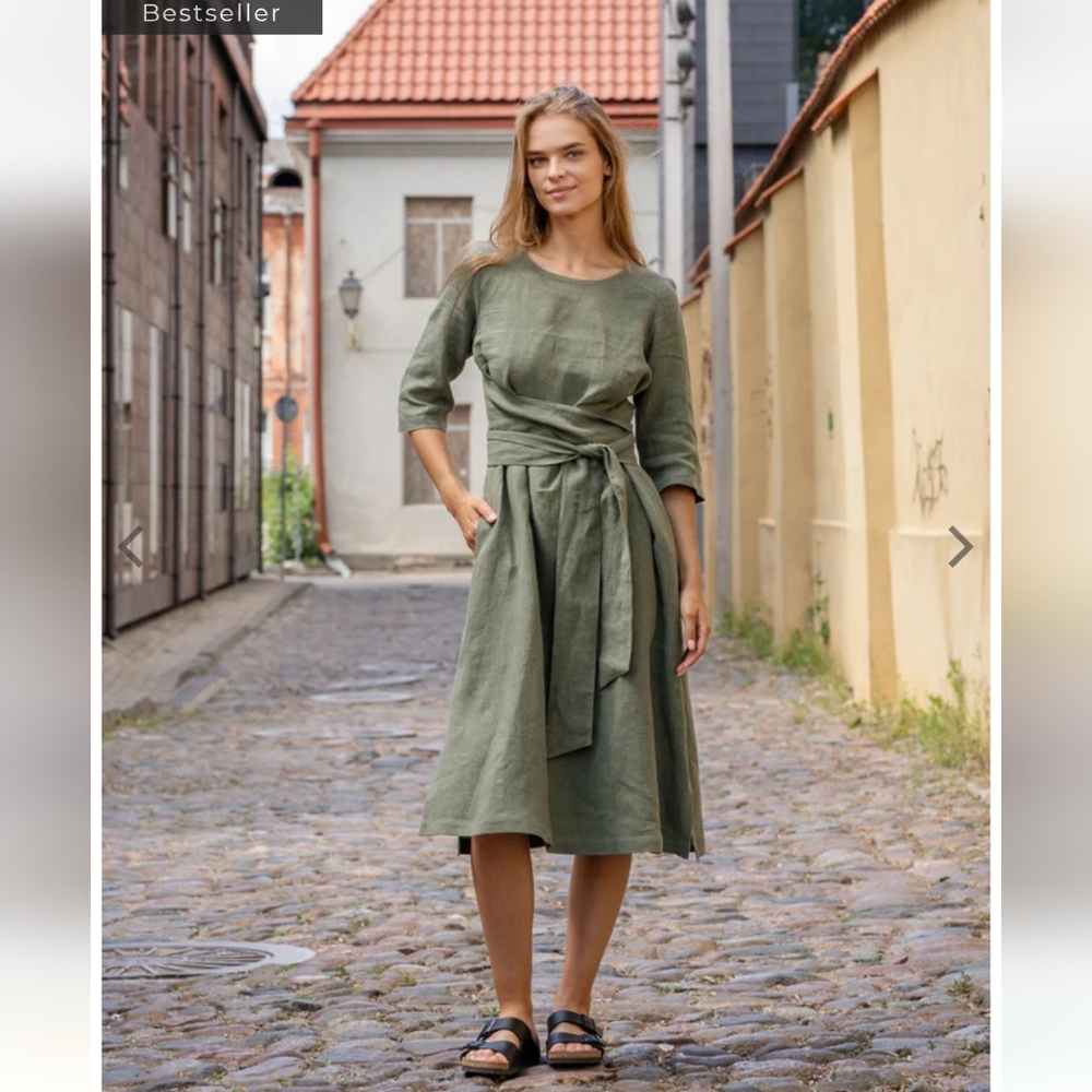 Menique Stone Green Casual 100% Linen Midi Wrap Dress Miley Size XS - Picture 7 of 9